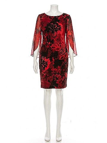 Connected Apparel Floral 3/4 Split-Sleeve Dress in Red (view 1)