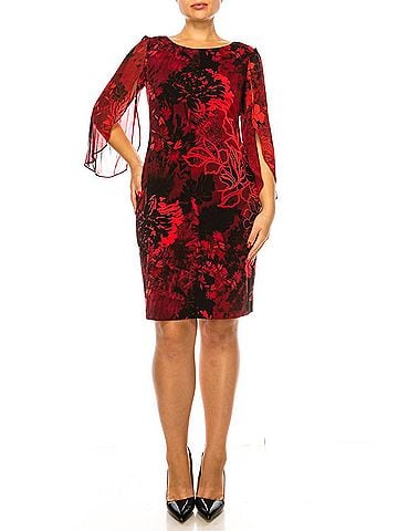 Connected Apparel Floral 3/4 Split-Sleeve Dress in Red (view 2)