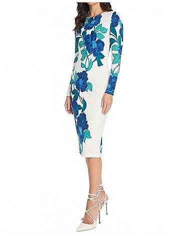 Maggy London Floral Print Long Sleeve Sheath Dress in White Cobalt (view 2)