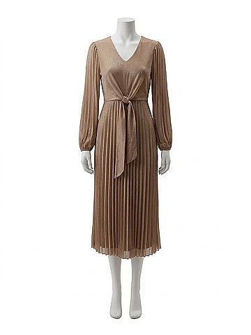 Joseph Ribkoff Waist Tie Puff Sleeve Pleated Fit And Flare Dress in Taupe / Silver (view 1)