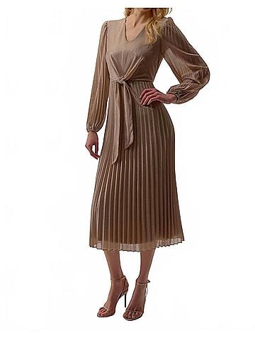 Joseph Ribkoff Waist Tie Puff Sleeve Pleated Fit And Flare Dress in Taupe / Silver (view 2)
