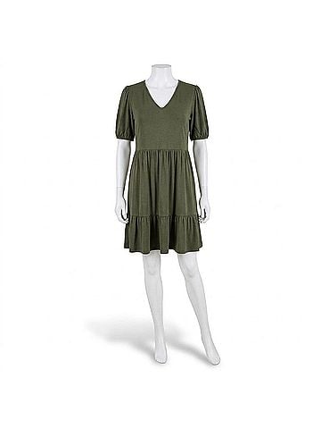 Karen Kane Puff Sleeve Tiered Dress - Petite Petite in Olive (view 1)