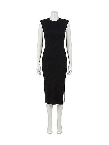 Crescent Power Shoulder Ribbed Knit Maxi Dress in Black (view 1)