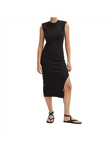 Crescent Power Shoulder Ribbed Knit Maxi Dress in Black (view 2)
