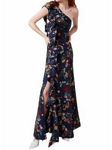 C/MEO Collective One Shoulder Ruffle Floral Maxi Dress in Navy/Multi (view 2)