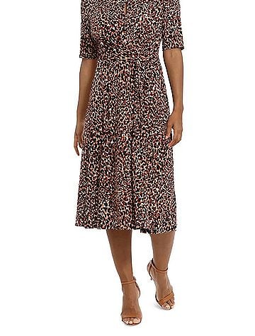 London Times Tie-Waist Animal Print A-Line Dress in Tan Multi (view 2)