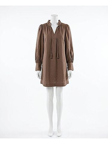 Umgee Corduroy Frilled V Neck Shift Dress in Brown (view 1)