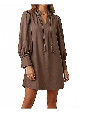 Umgee Corduroy Frilled V Neck Shift Dress in Brown (view 2)