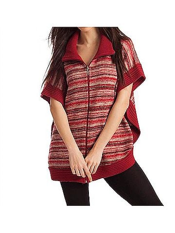 French Kyss Penelope Zip-Up Poncho in Red Multi (view 2)
