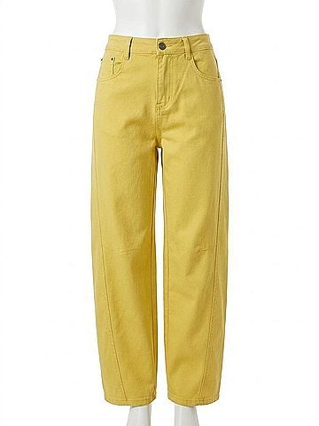 Davi & Dani High-Rise Cotton Blend Barrel Jeans in Yellow (view 1)