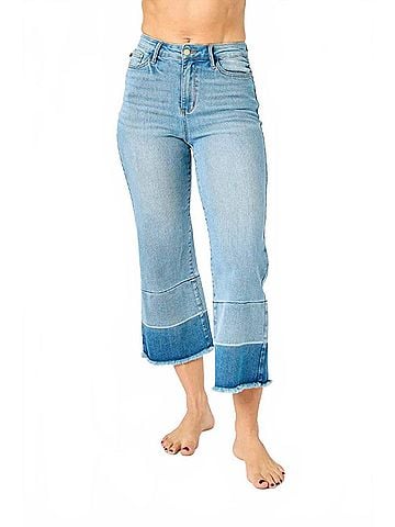 Judy Blue Women's High Waist Released Hem Wide Crop Jeans in Light Wash (view 2)