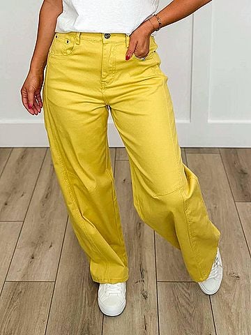 Davi & Dani High-Rise Cotton Blend Barrel Jeans in Yellow (view 2)