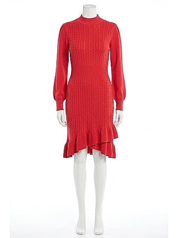 London Times Mock Neck Cable Knit Sweater Dress in Red (view 1)