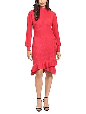 London Times Mock Neck Cable Knit Sweater Dress in Red (view 2)