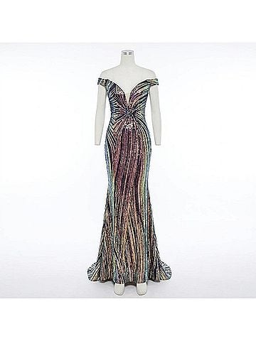 Jovani Off-The-Shoulder Mermaid Dress in Black-Multi (view 1)