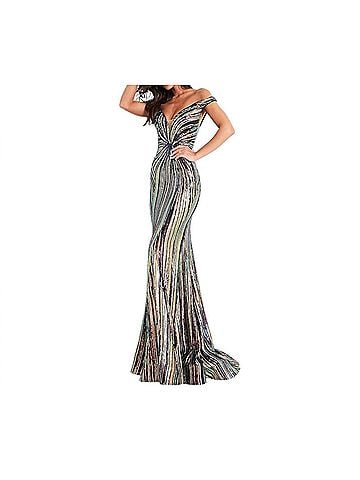 Jovani Off-The-Shoulder Mermaid Dress in Black-Multi (view 2)
