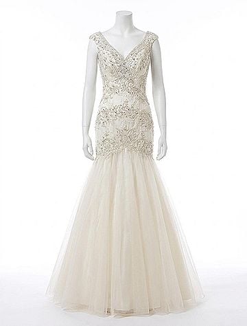 Tony Bowls Mermaid U-Back Prom Dress in Champagne (view 1)