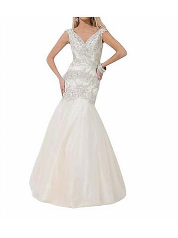 Tony Bowls Mermaid U-Back Prom Dress in Champagne (view 2)