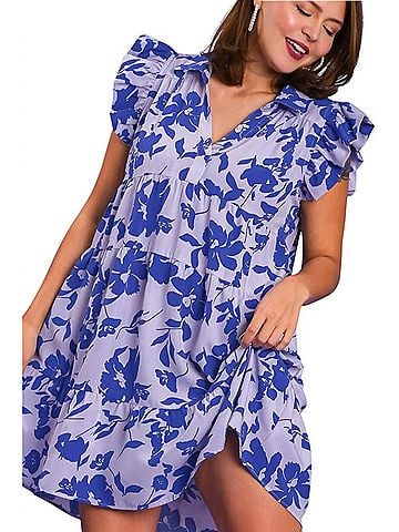 Umgee Print Collared Tiered Ruffle Dress in Blue (view 2)