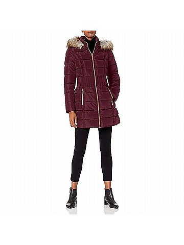 Laundry by Shelli Segal 3/4 Puffer Zig Zag Cinched Waist Faux Fur Trim Hood Jacket in Port Royal (view 2)