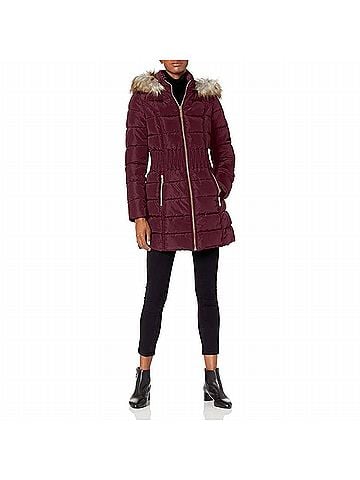 Laundry by Shelli Segal 3/4 Puffer Zig Zag Cinched Waist Faux Fur Trim Hood Jacket in Port Royal (view 2)