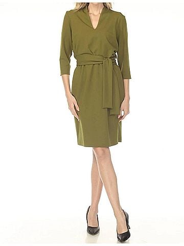 Joseph Ribkoff Belted V-Neck 3/4 Sleeve Dress in Artichoke Green (view 2)