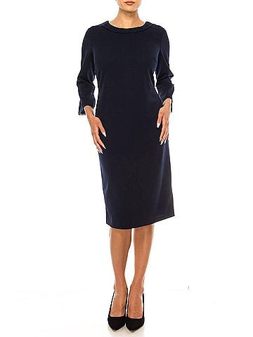 Jessica Rose Pompom Trim Bell Sleeve Sheath Dress in Navy (view 2)