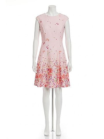 London Times Floral Cap Sleeve A-Line Dress in Pink Coral (view 1)