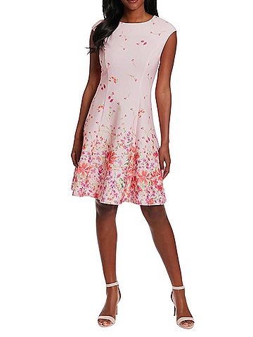 London Times Floral Cap Sleeve A-Line Dress in Pink Coral (view 2)