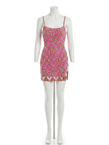 Rachel Allan Scoop Neck Fitted Mini Cocktail Dress in Fuchsia/Gold (view 1)