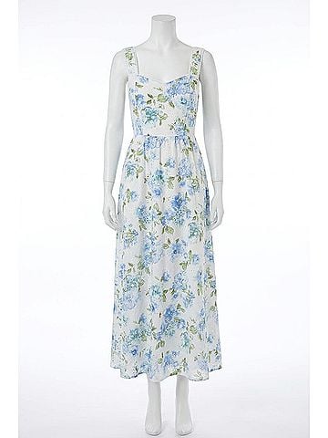 Blu Pepper Floral Eyelet Pattern Scallop Lace Trim Midi Dress in Blue Multi (view 1)