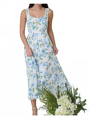 Blu Pepper Floral Eyelet Pattern Scallop Lace Trim Midi Dress in Blue Multi (view 2)