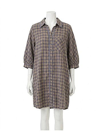 Umgee Checkered Button Down Puff Sleeve Tiered Dress in Grey (view 1)