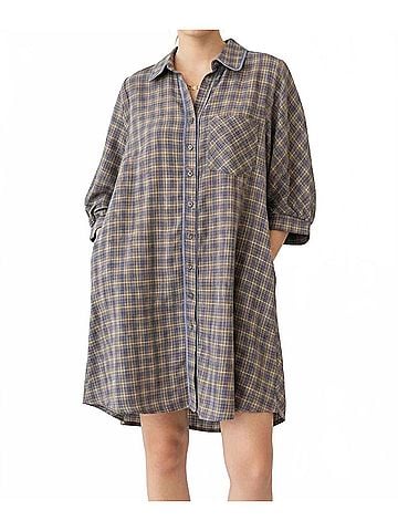 Umgee Checkered Button Down Puff Sleeve Tiered Dress in Grey (view 2)