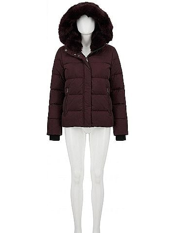 Tahari Short Quilted Puffer Jacket With Faux Fur Collar &amp; Detachable Hood in Merlot (view 1)