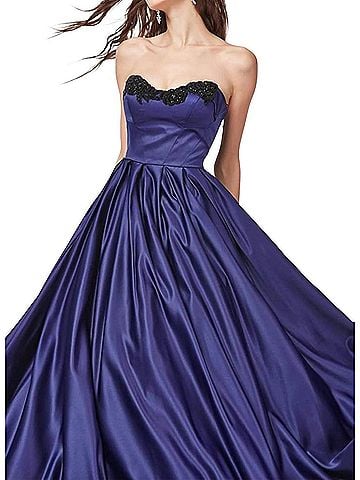 Angela & Alison Satin Prom Dress in Midnight Blue (view 2)