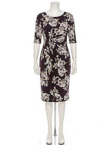 Connected Apparel Side Pleated Floral Sheath Dress in Eggplant (view 1)
