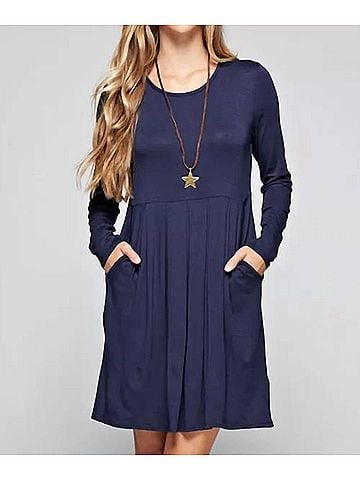 12pm by Mon Ami Pleated Solid Classic Dress in Navy (view 2)