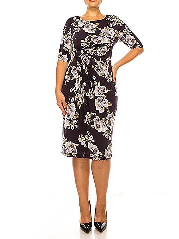 Connected Apparel Side Pleated Floral Sheath Dress in Eggplant (view 2)