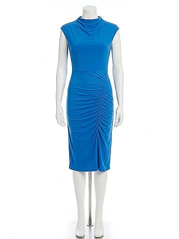 London Times Cap Sleeve Ruched Mock Neck Dress in Cobalt (view 1)