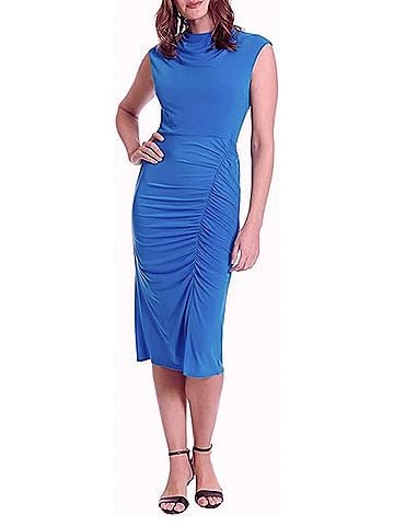 London Times Cap Sleeve Ruched Mock Neck Dress in Cobalt (view 2)