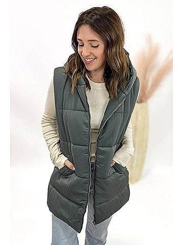 Staccato Long Puffer Vest in Slate Grey (view 2)
