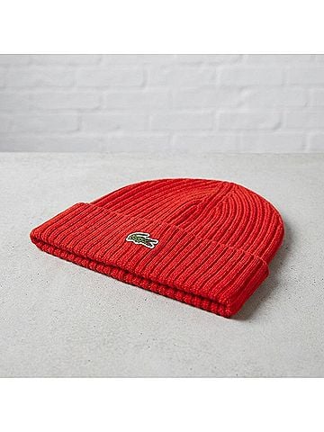 Lacoste Ribbed Wool Beanie in Red (view 2)