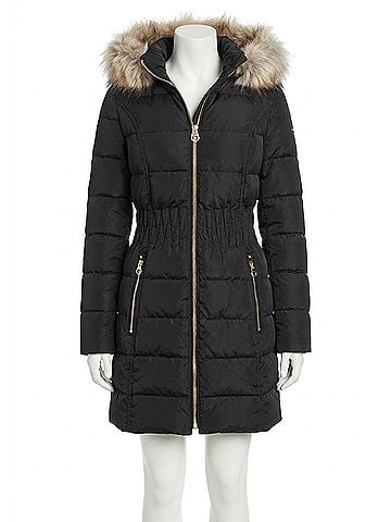 Laundry by Shelli Segal Women's Cinch Waist Down Puffer Hooded Coat in Black (view 1)