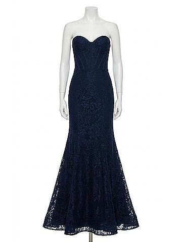 La Femme Lace Mermaid Prom Dress in Marine Blue (view 1)