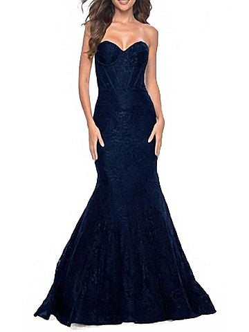 La Femme Lace Mermaid Prom Dress in Marine Blue (view 2)