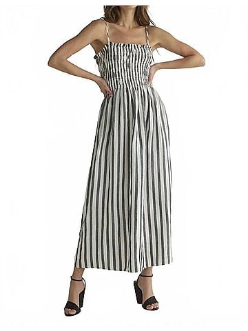 Bella Dahl Smocked Midi Dress in Grey Striped (view 2)