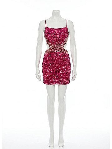 Rachel Allan Scoop Neck Sequin Embellished Dress in Fuchsia (view 1)