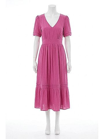 London Times Short Sleeve A-Line Midi Dress in Deep Orchid (view 1)
