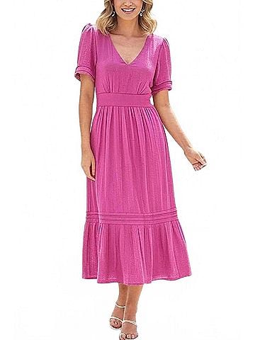 London Times Short Sleeve A-Line Midi Dress in Deep Orchid (view 2)